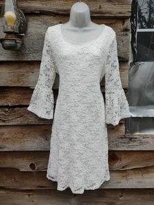 Blooming Rose Lace Dress Large White Floral Bell Sleeve Boho Wedding Bridal - Picture 1 of 6