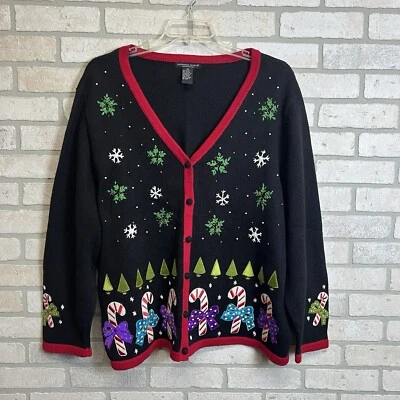 Cárdigan suéter bastón de caramelo Navidad punto de referencia para mujer talla 3X negro Foto 1 de 4