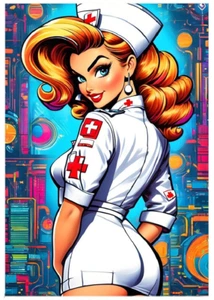NURSE PINUP WOMAN * Custom ACEO * Fun Novelty * CARTOON DIVA * Art Card * ATC - Picture 1 of 2