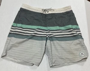 Billabong Swim Trunks Mens 32 Green Gray Stripe Drawstring Waist Pockets Key - Picture 1 of 12