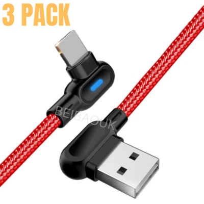 3 Pack 6Ft 90 Degree USB Data Cable For iPhone 11 XR 8 7 6 Charger Charging Cord - Image 1 of 4