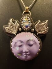 Sterling Silver Necklace One Of A Kind Resin Molded Moon Face With Crystal 