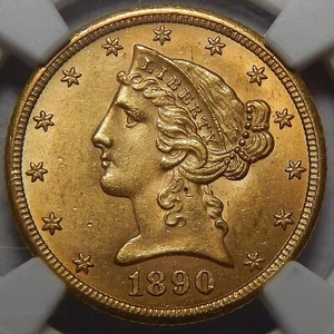 1890-CC NGC MS62+ $5 LIBERTY HEAD GOLD - Picture 1 of 4