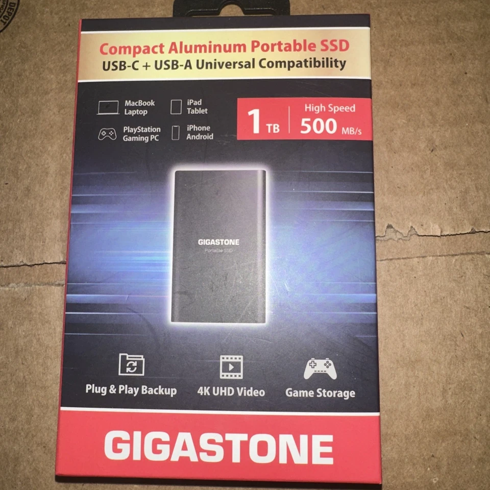 1TB Gigastone Compact Aluminum Portable SSD USB-C + USC-A Universal Compatibilit
