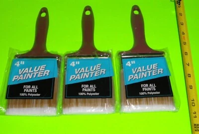 (3x) Cepillo Value Painter 4" 100% Poliéster Borde Plástico Mango TODO PINTADO Látex + Foto 1 de 3