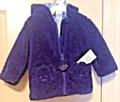 Abrigo QT Baby Cómodo Azul Oso Difuso con Capucha Bolsillos Cara Oso y Cremallera 6/9 meses Foto 1 de 4