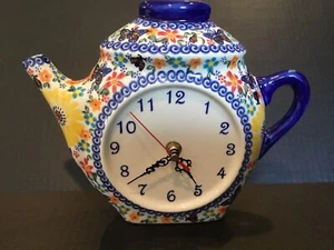 Orologio teiera da parete in ceramica polacca Boleslawiec Unikat ottimo! - Foto 1 di 5