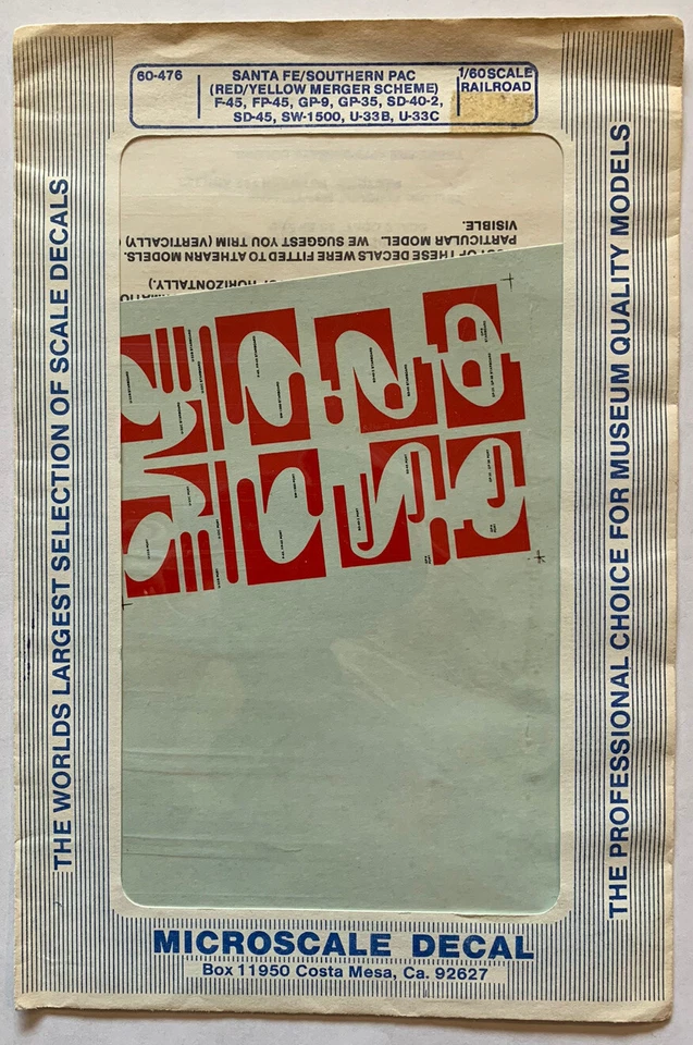 MICROSCALE N DECAL-SF/SP RED & YELLOW MERGER SCHEME RED “WARBONNETS”  #60-476 - Image 1 of 1