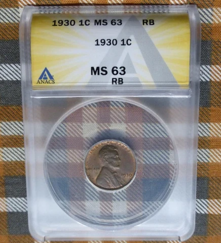 1930 ANACS MS 63 RB Lincoln Wheat Cent, Certified MS63 Red Brown One-Cent Coin Cover