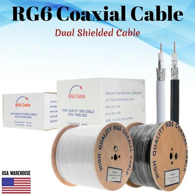 RG6 Coaxial Cable Dual Shield Direct Burial Bulk 18AWG Coax Wire Satellite - Image 1 of 4