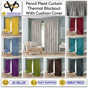 Luxury Thermal Blackout Curtains Pencil Pleat Curtains Pair Top No Tie Backs - Picture 1 of 17