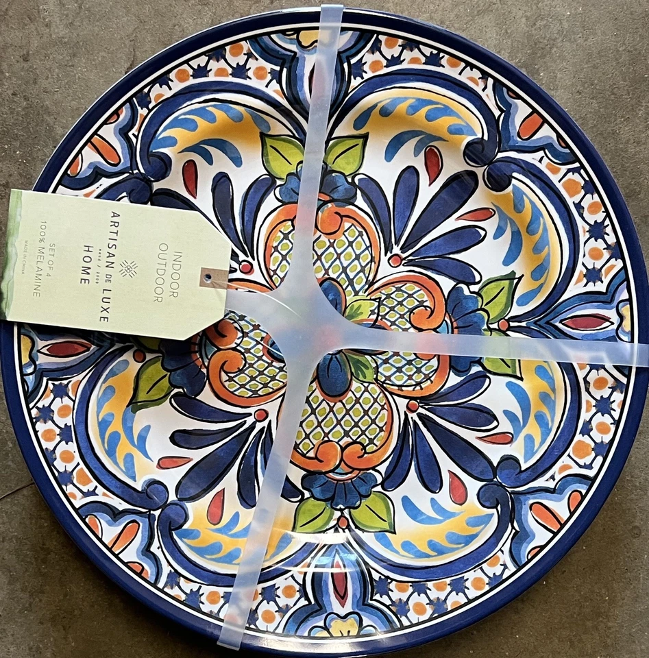 Artisan De Luxe Blue Orange Spanish Medallion MELAMINE Dinner Plates Set 4 - Image 1 of 1