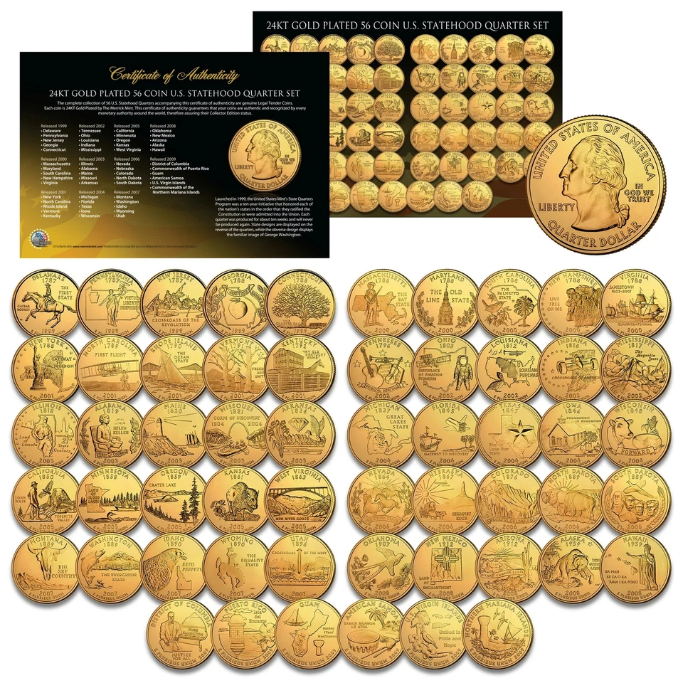 US Statehood Quarters GOLD plated Legal Tender * 56-Coin Complete Set * Capsules - Image 1 of 1