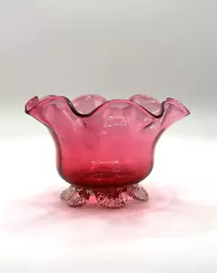 Antique Victorian Cranberry Glass Small Bowl with Clear Glass Feet Pontil - Picture 1 of 8