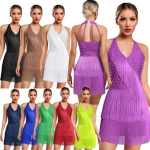 Women Sparkly Rhinestone Latin Dance Leotard Fringed Short Dress Rumba Dancewear - Picture 1 of 98