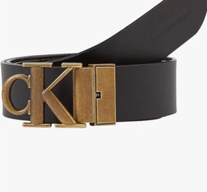 Calvin Klein Men's Belt 110CM Leather CK Logo Buckle, Black/Bitter Brown - Picture 1 of 7