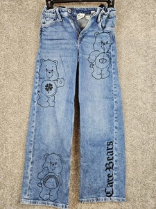 H&M Care Bears Jeans Girls 10 Blue Denim Graphic Logo Wide Leg Mid Rise ~20Wx24L - Picture 1 of 12