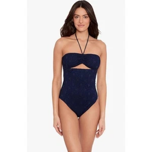 LAUREN RALPH LAUREN One Piece Swimsuit Size 12 Navy Blue Crochet Bandeau NWT - Picture 1 of 16