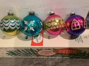 Vtg Shiny Brite Glass Christmas Ornaments Set 4 Original Box 1950 USA Glitter - Picture 1 of 4