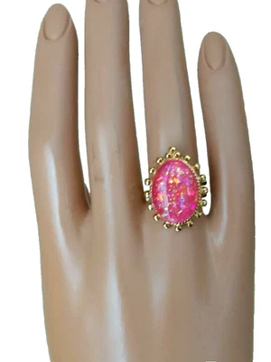 Anillo de ópalo Sherbet rosa resina de fuego anillo de ópalo en acero inoxidable de 18 kgp con halo Foto 1 de 4