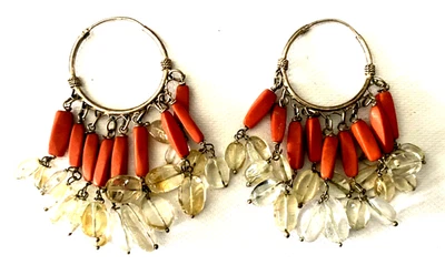 Statement Hoop dangle fringe earings Sliver tone, crystal and pink stone 2.5 in - Image 1 of 3