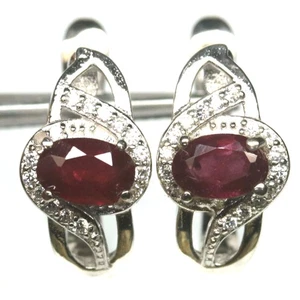 925 Sterling Silver 4 x 6 mm. Red Ruby & Cubic Zirconia Jewelry Earrings - Picture 1 of 4