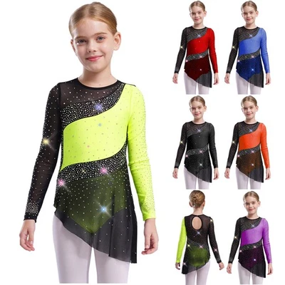 UK Kids Long Sleeve Figure Ice Skating Dress Gymnastic Skirted Leotard Dancewear - Image 1 of 3