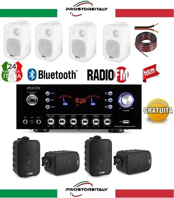 IMPIANTO AUDIO BLUETOOTH RADIO FM USB 4 CASSE BIANCHE O NERE+ STAFFE+50MT CAVO - Immagine 1 di 4