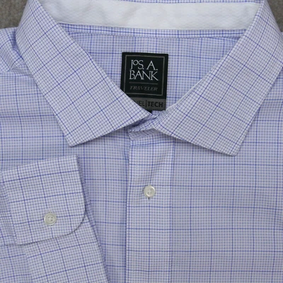 Jos A Bank Travel Tech Button Shirt Men 18-34 Tailored Fit Blue Check Long Sleev - Image 1 of 4
