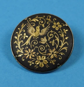 Broche prendedor damasceno vintage pájaro dorado y negro en follaje 1 3/8" - Imagen 1 de 7