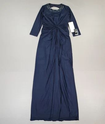 Adrianna Papell Maxi Dress Navy Blue 8 UK Party Embellished Twisted Front - Image 1 of 4
