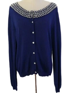 Moschino Cheap and Chic Size 12 Electric Blue White Beads Rayon Knit Cardigan - Picture 1 of 6