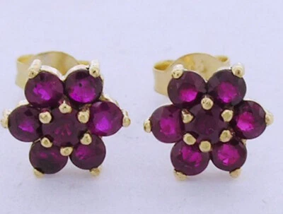 E058 Genuine 9K,14K or 18K Solid Gold Natural Ruby Blossom Cluster Stud Earrings - Image 1 of 3