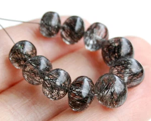 6-9mm. AAA Natural Black Rutilated Quartz Smooth Plain Rondelle Beads - Picture 1 of 5
