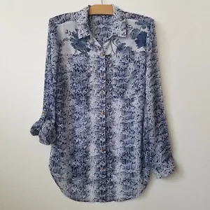 Westport Womens 1X Mixed Print Button Up Blouse Animal Print Floral Sheer Blue - Picture 1 of 7