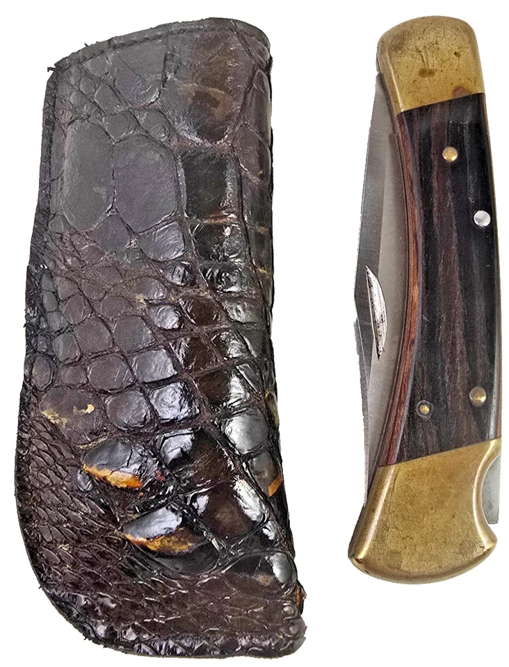 Funda de cuchillo de cuero Buck 110 piel de cocodrilo estuche hecho a mano 6265 marrón Gator Foto 1 de 4