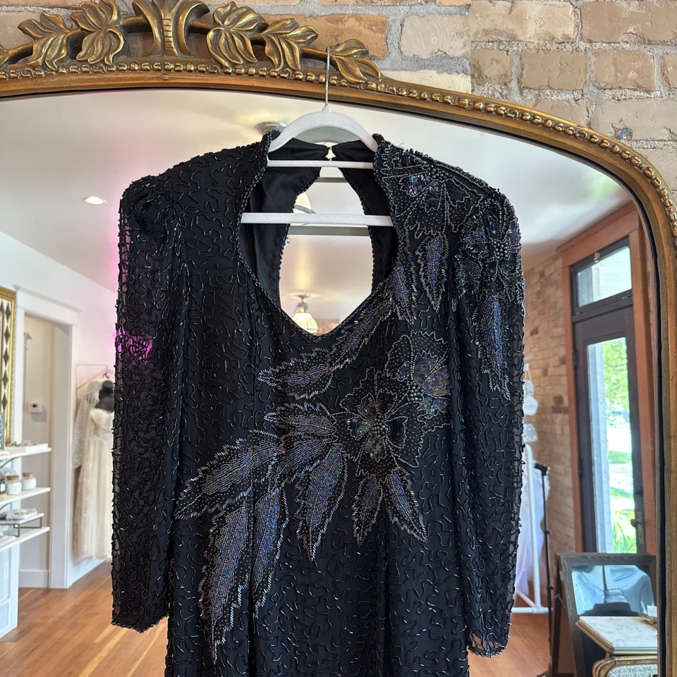 Black Vintage Ankle Length 100% Silk Multi Color Beaded Gown  - Image 1 of 4