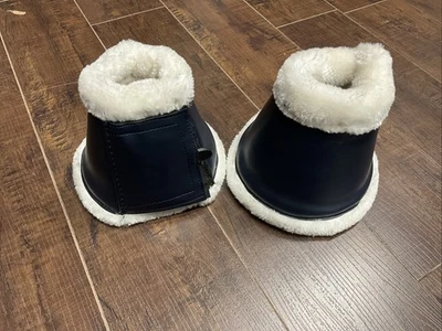 Horze Navy Leather Overreach Bell Boots Fleece Lined L - Image 1 of 3