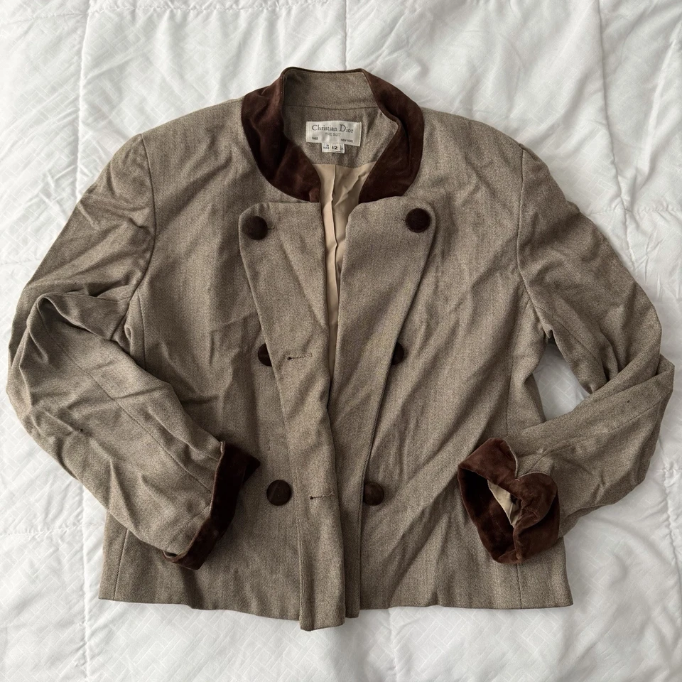 Traje Blazer Chaqueta 12 Vintage Christian Dior Para Mujer 100% Lana Marrón Tostado Terciopelo Foto 1 de 4