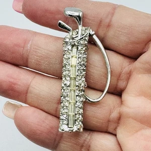 VTG Golf Bag Brooch Rhinestone Pave Clear Baguette Clubs Silver T Rhodium Plated - Picture 1 of 10