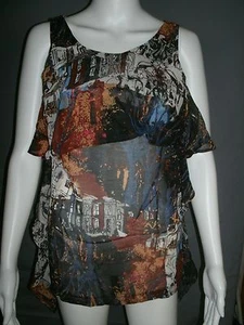 Navy Multi-color Geometric Chiffon Tiered Tank w/Ruffle Sides by I.C.U-S,M,L - Picture 1 of 8