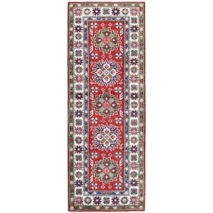 2'1"x6' Red Kazak with Tribal Design Hand Knotted Soft Wool Runner Rug R500 - Picture 1 of 7