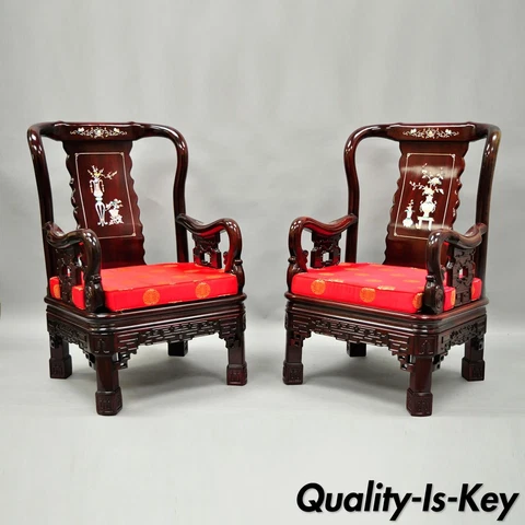 Pair of Oriental Chinese Throne Lounge Chairs Living Room MOP Inlaid Carved Wood Cover