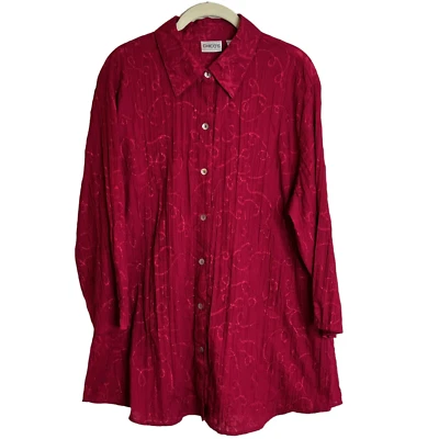 Blusa Mujer Chicos XL Roja Abotonada Manga 3/4 Tela Arrugada Bordada Foto 1 de 4