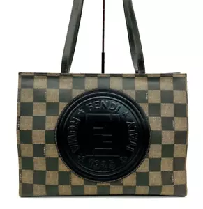 FENDI Vintage Big FF Logo Pecan PVC Leather Tote Bag Stripe Used from Japan - Picture 1 of 11