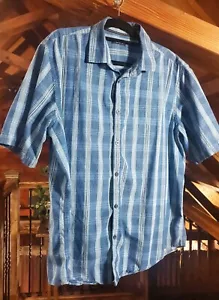 Alfani Mens Shirt 2XL Blue Plaid Casual Button Up Collar Short Sleeve Cotton XXL - Picture 1 of 13