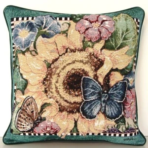 Sonnenblume mit Schmetterlingen & verschiedenen Blumen, von Lessa, Gobelin Kissen Neu - Bild 1 von 8