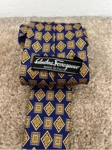 Men's Salvatore Ferragamo Silk Blue and Gold floral geometric Egyptian royal tie - Picture 1 of 4