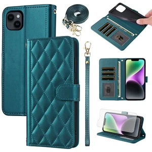 Leather Case for iPhone 14 Plus Flip Wallet Phone Cover Glass Screen Protector - Picture 1 of 56