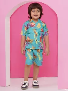 Kids Floral Printed Casual Shirt Cotton Beach Wear Shirt Short Dress For Boys - Picture 1 of 10
